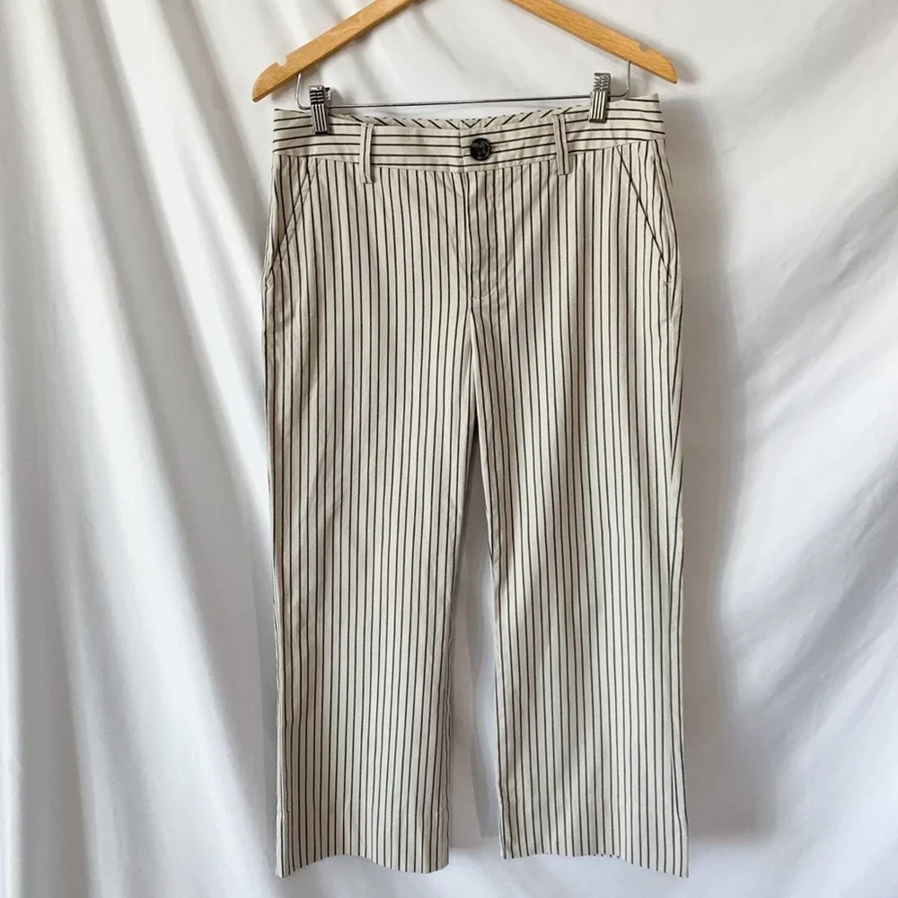 Cabi Striped Modern Beige & Navy Blue Striped Crop Wide Leg Trousers Size 6 - Picture 3 of 12